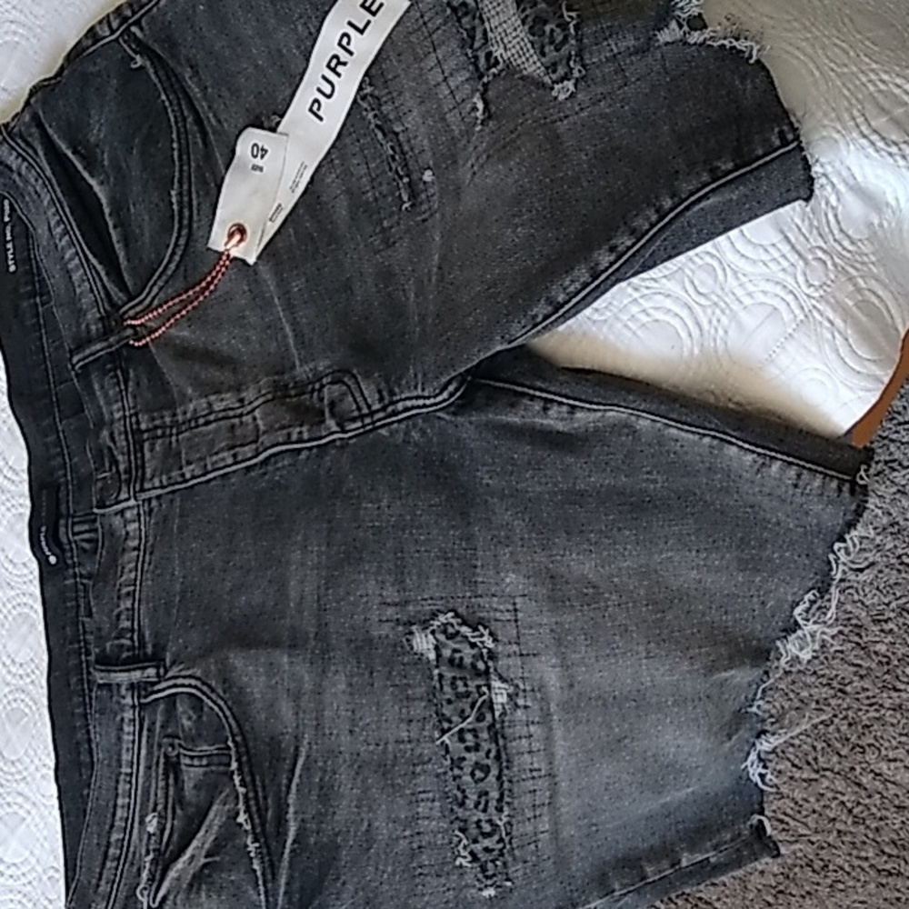 Purple Brand- Black denim destroyed aged Jean shorts